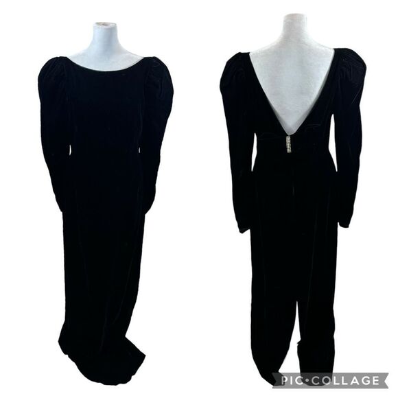 Vintage Union Made Black Velvet Low V Back Bow Detail Floor Length Dress 11/12 - Picture 1 of 16